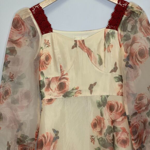 Womens Retro Romantic Floral Burgundy Crochet Lace Fitted Bodice Dress Medium - Picture 5 of 13